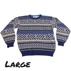 Vintage 90s Sweater Mens LARGE Grandpa Trend Basics Retro Trendy Geometric Cozy